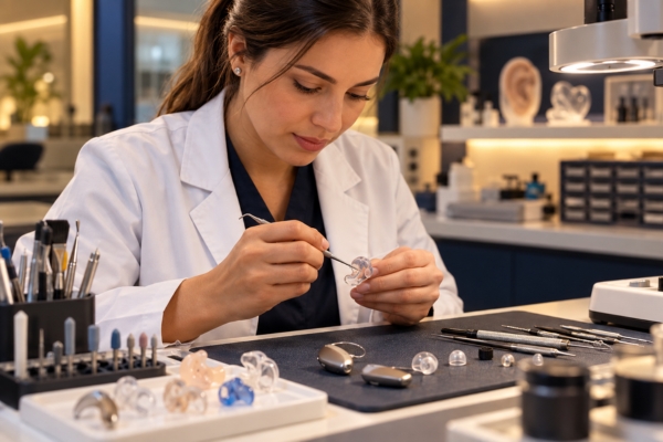 Bancada do laboratório próprio da Auditif em Mogi das Cruzes, com moldes auriculares personalizados e ferramentas de ajuste, luz clara, fotografia realista