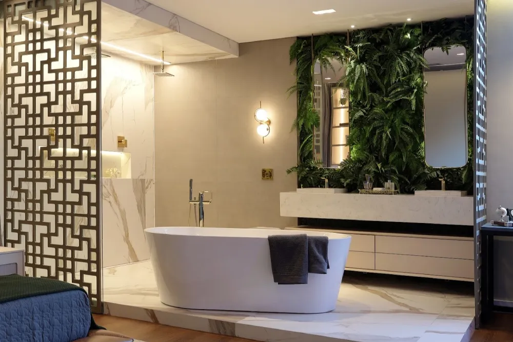 A iluminação é essencial para destacar a beleza do ambiente, combinando luzes diretas e indiretas para criar uma atmosfera agradável.
