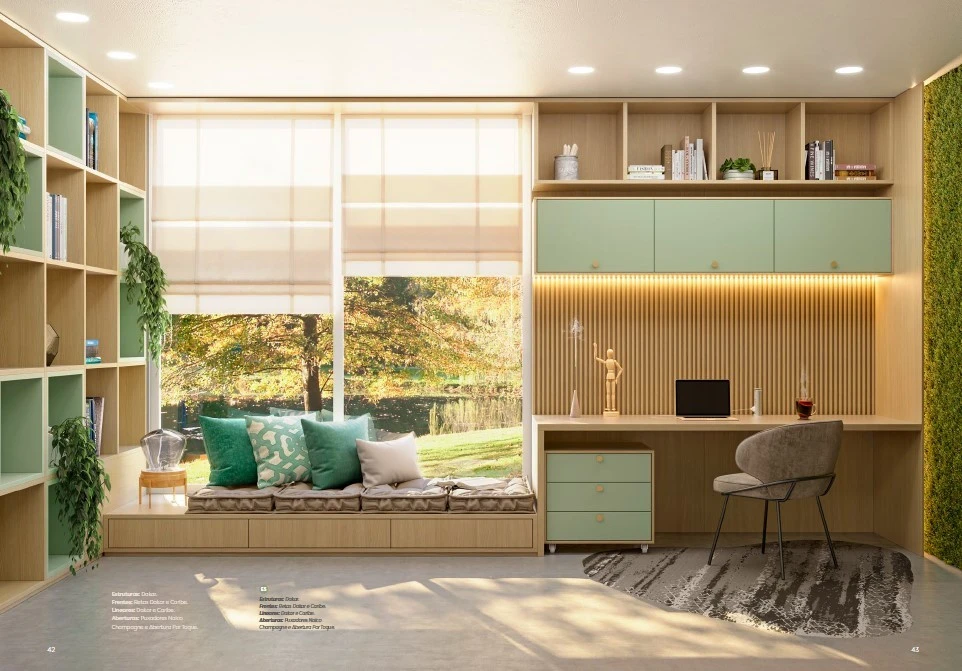 Produtividade e tranquilidade em um ambiente que é dois em um: home office e espaço para relaxar.