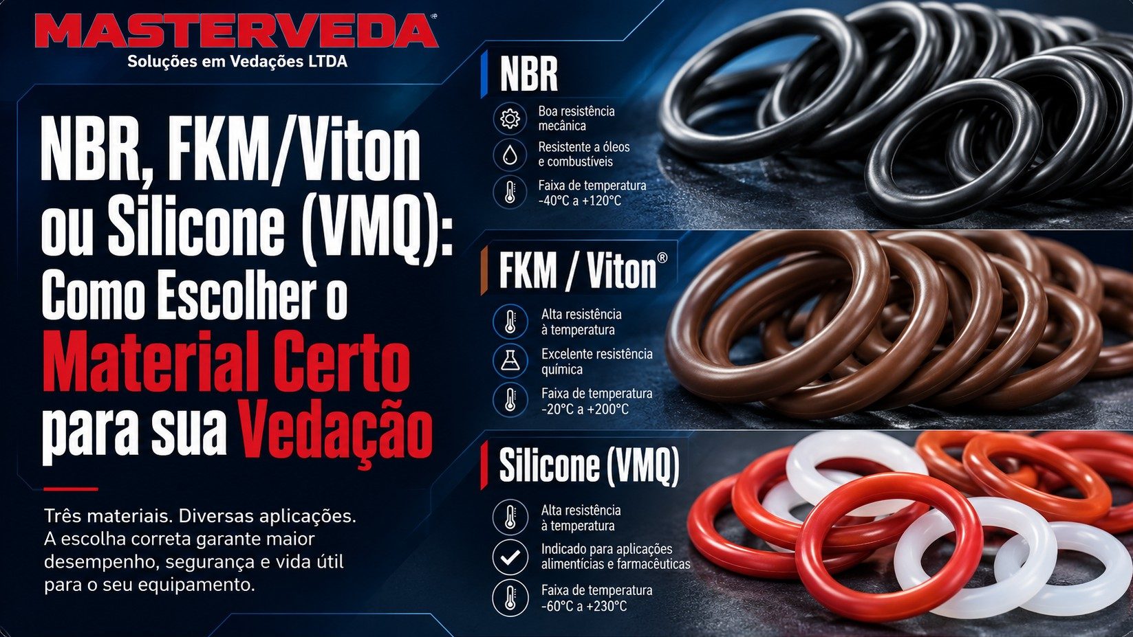 NBR, FKM/Viton ou PTFE: Como Escolher o Material Certo para sua Vedação